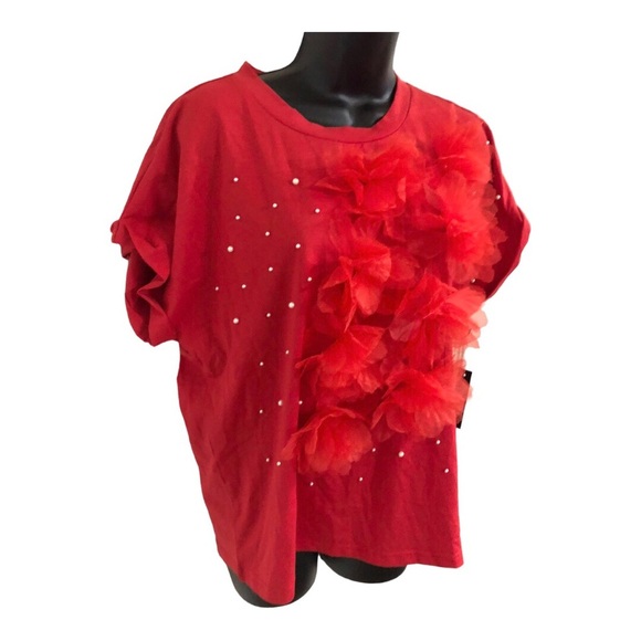 Red pearl adorned 3d floral embellished short sleeve shirt top  size XL new - Picture 1 of 12